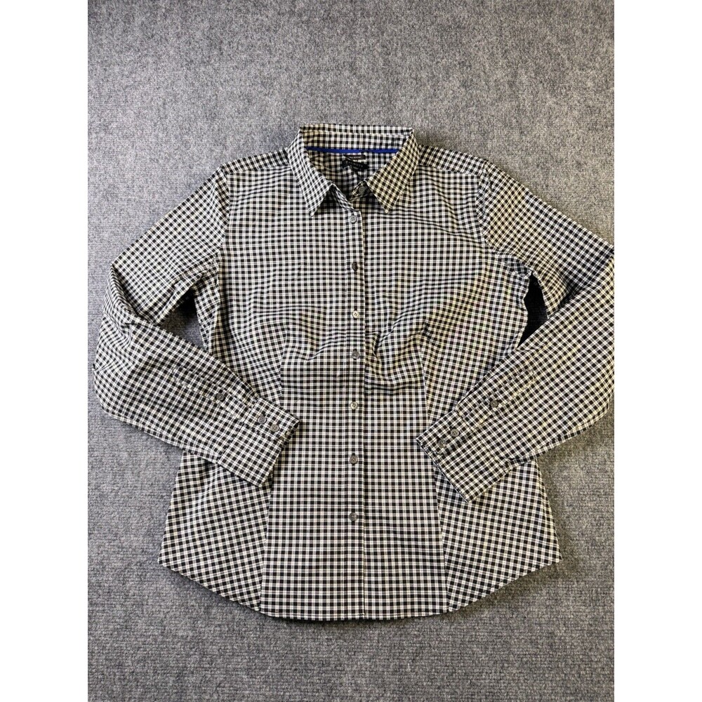 Talbots Womens Shirt Size 4 Black White Metallic Gold Plaid Button Down NWT
